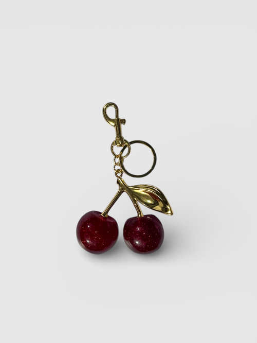 Cherry bag charm by Rivolla — glitter acrylic cherries with gold stem and lobster clasp