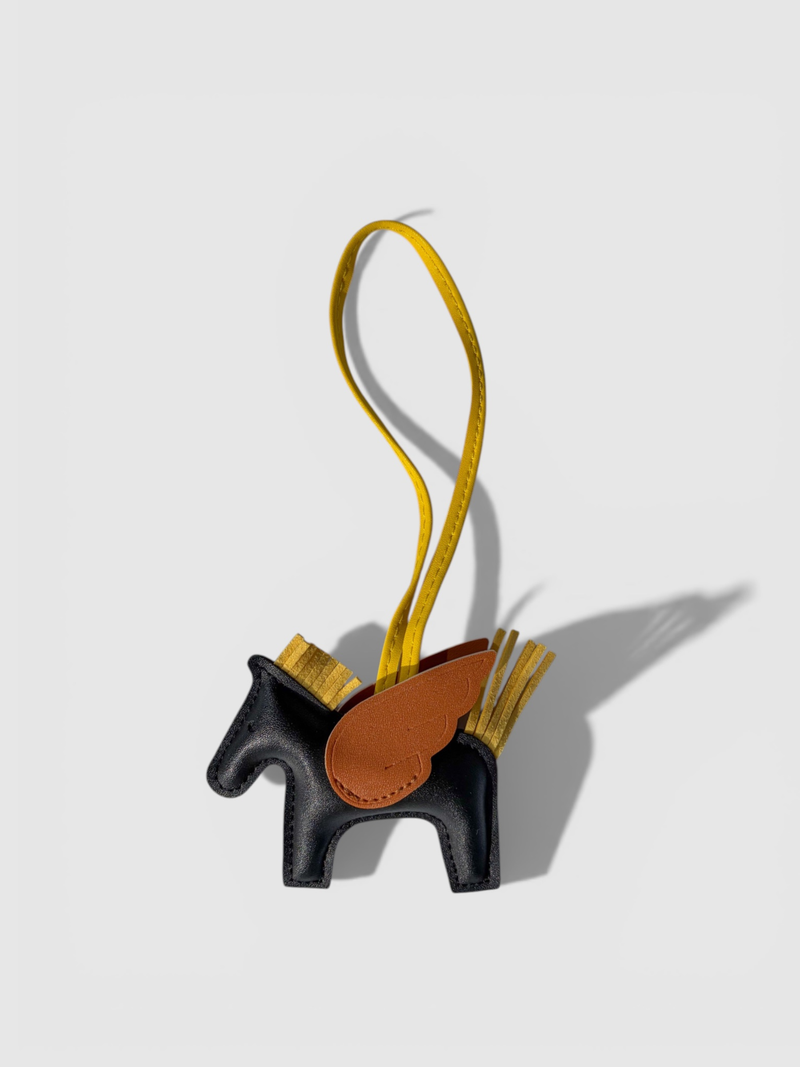 Pegasus leather bag charm by Rivolla — smooth leather horse with contrast wing and tassel mane detail